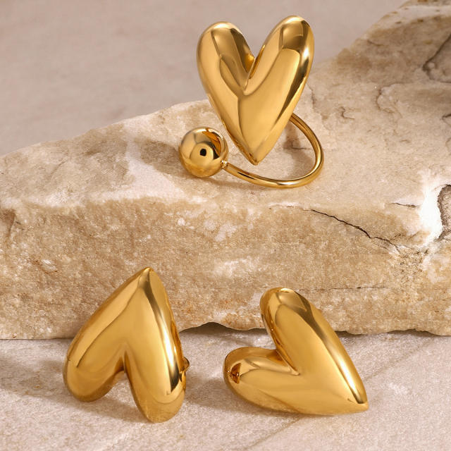 Classic chunky heart stainless steel earrings rings set