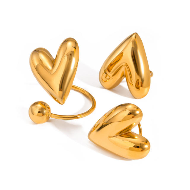 Classic chunky heart stainless steel earrings rings set