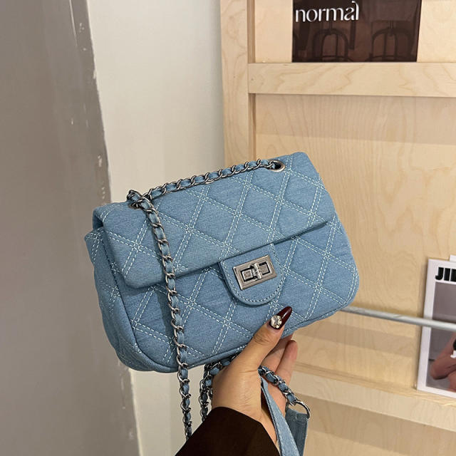 Concise quilted pattern denim chain bag purse for women