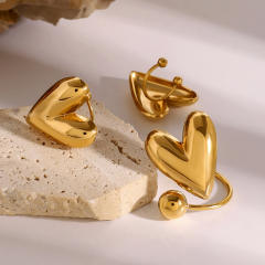 Classic chunky heart stainless steel earrings rings set
