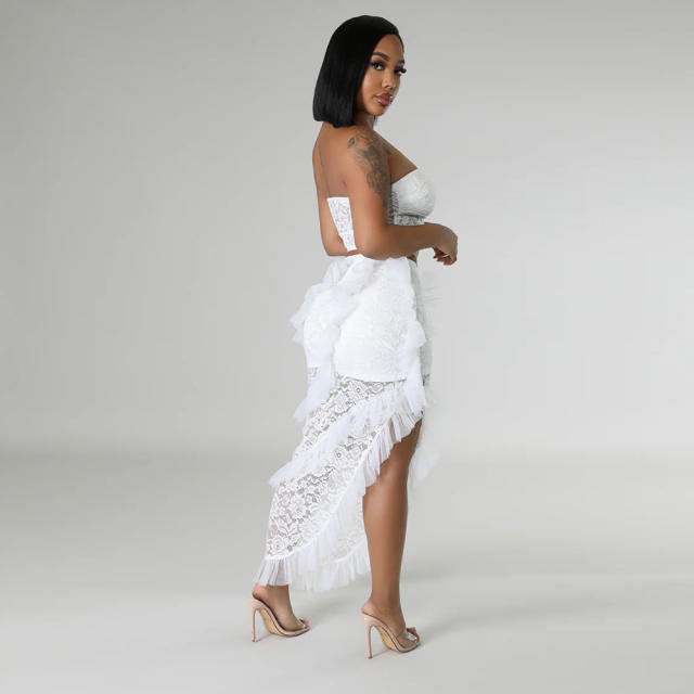 Black white sexy lace off shoulder tops skirt set for women wedding party dress