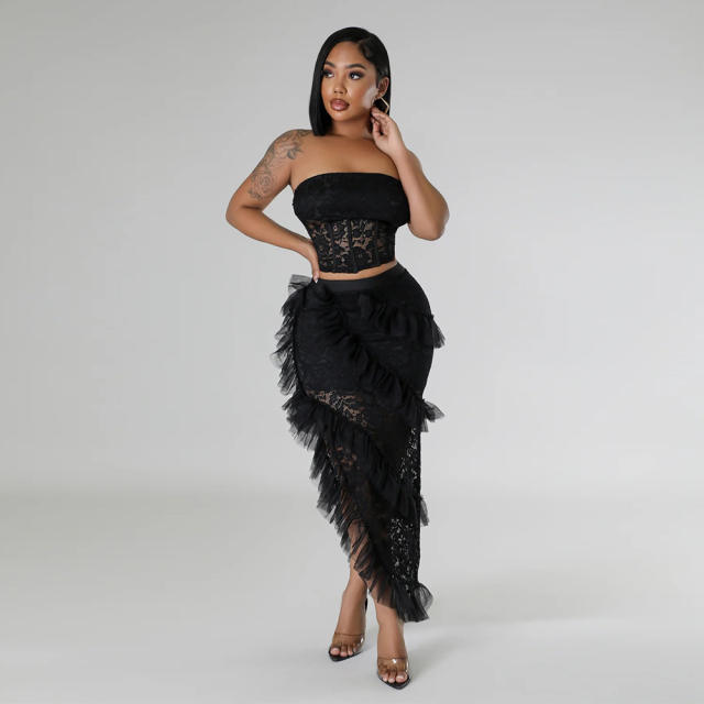 Black white sexy lace off shoulder tops skirt set for women wedding party dress