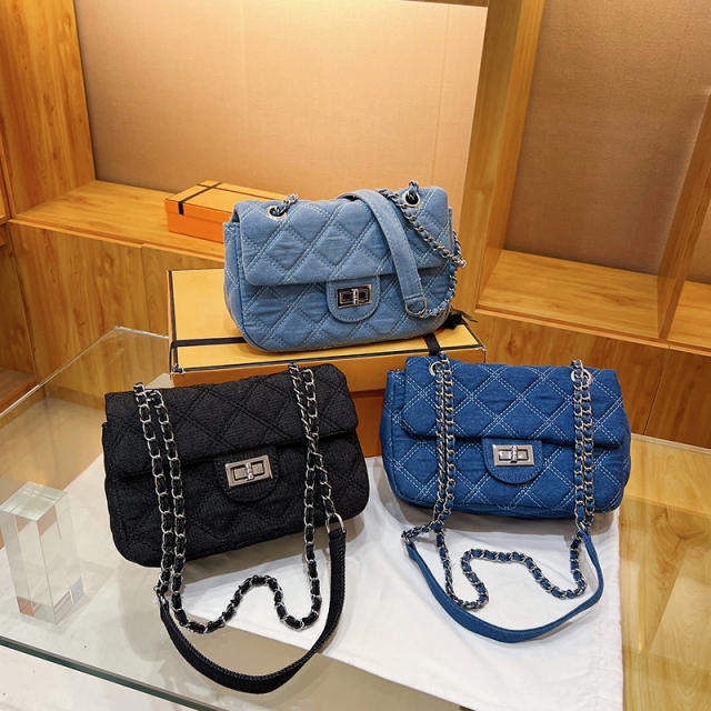 Concise quilted pattern denim chain bag purse for women
