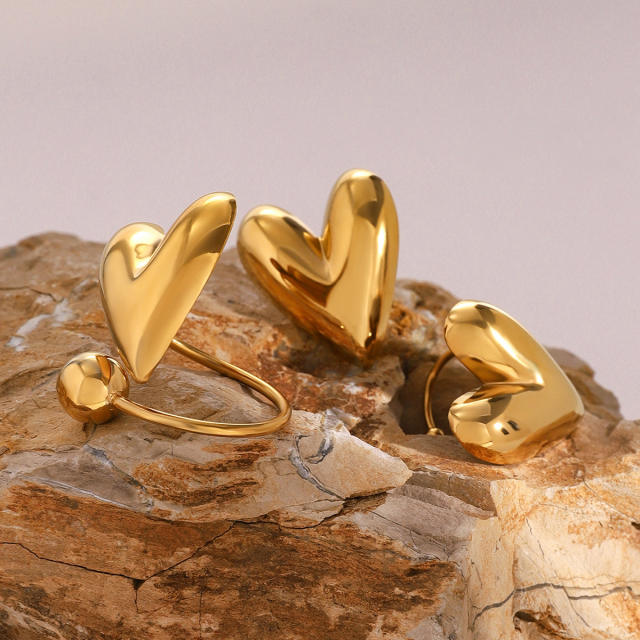 Classic chunky heart stainless steel earrings rings set
