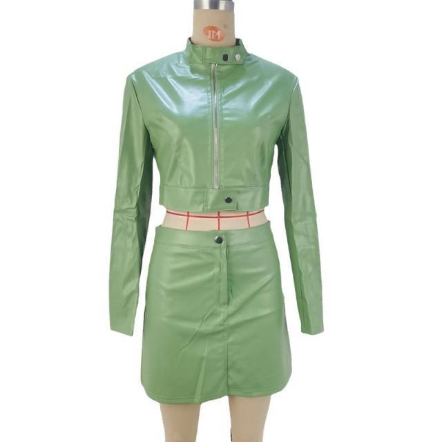 Autumn winter design PU leather jacket mini skirt clothing suit for women