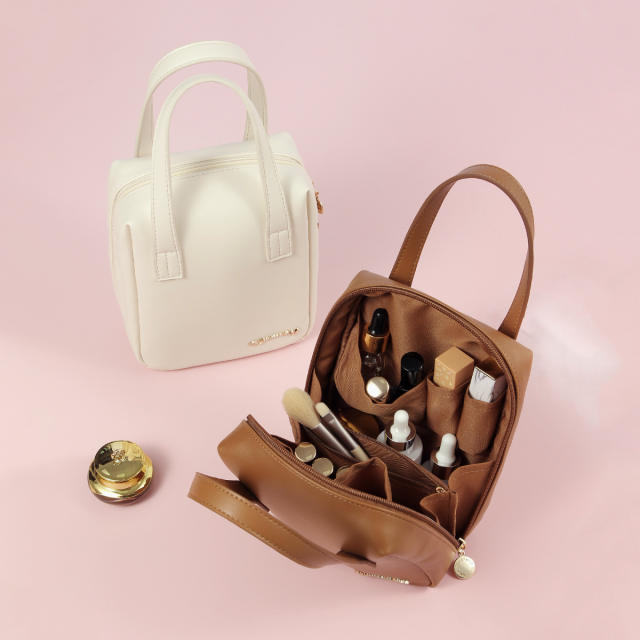 Large size PU leather handle design washing bag tolietry bag cosmetic bag