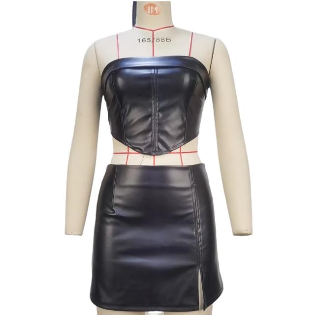 Sexy off shoulder cropped tops slit mini skirt set