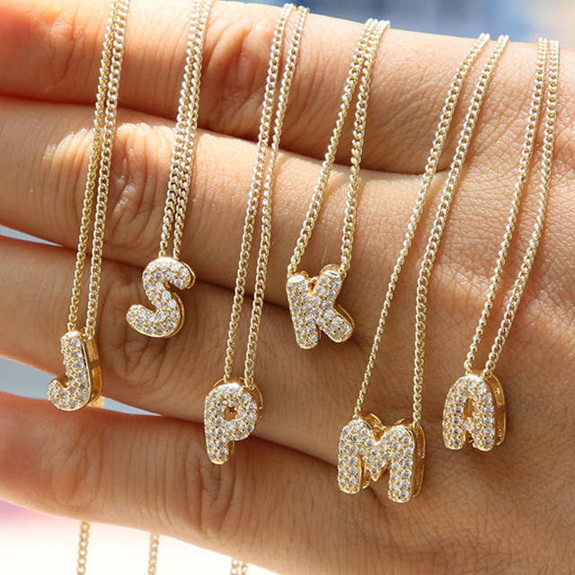 18K gold plated copper diamond bubble letter initial letter necklce