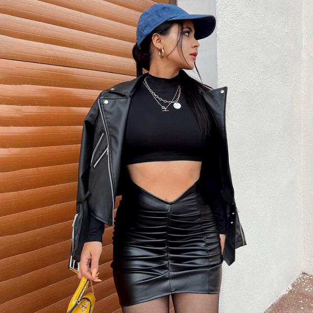Elegant pu leather folded pattern mini skirt for women