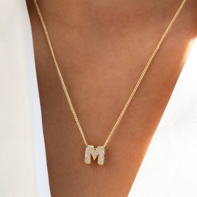 18K gold plated copper diamond bubble letter initial letter necklce