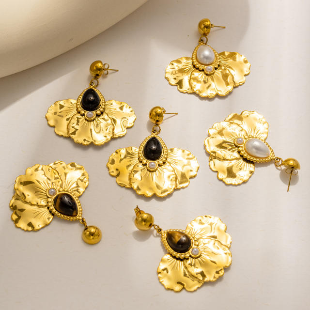Vintage natural stone statement drop shape stainless steel earrings
