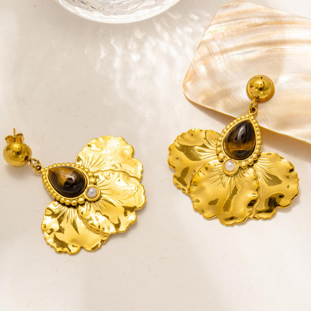 Vintage natural stone statement drop shape stainless steel earrings