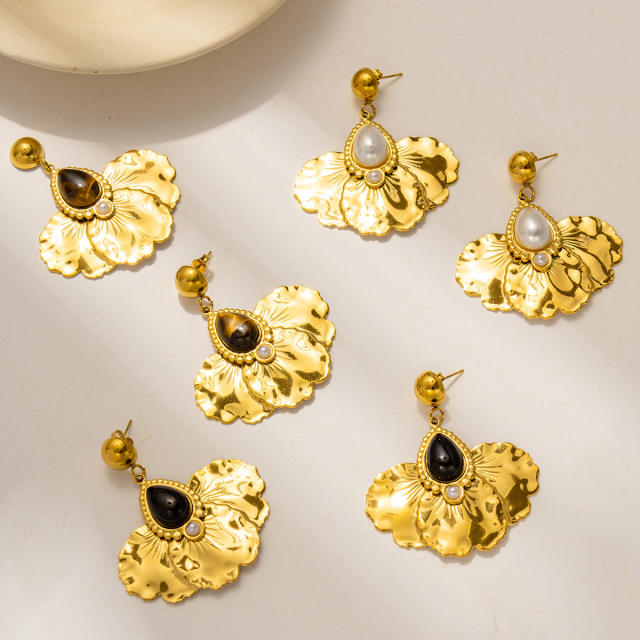 Vintage natural stone statement drop shape stainless steel earrings