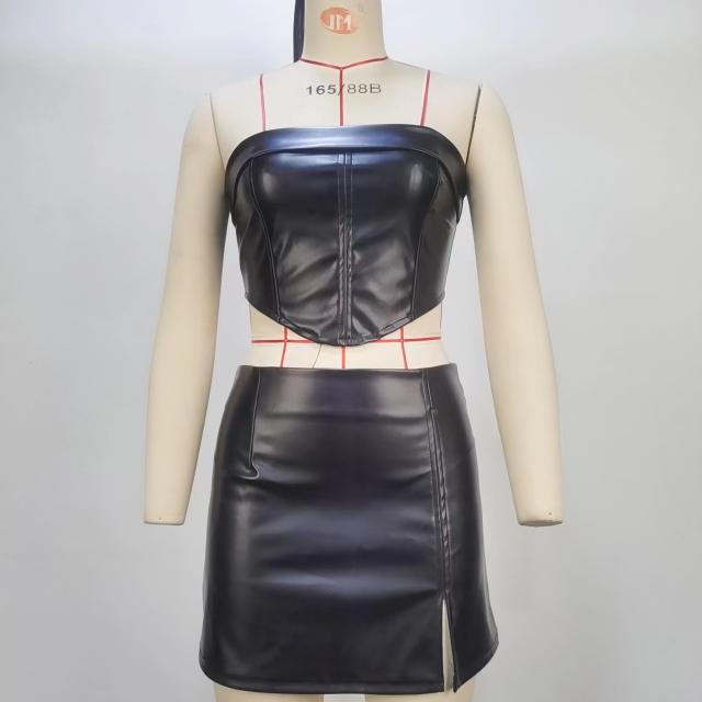 Sexy off shoulder cropped tops slit mini skirt set