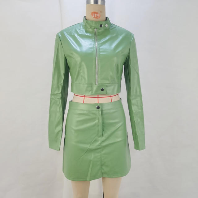 Autumn winter design PU leather jacket mini skirt clothing suit for women