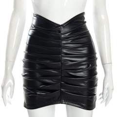 Elegant pu leather folded pattern mini skirt for women