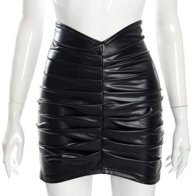 Elegant pu leather folded pattern mini skirt for women