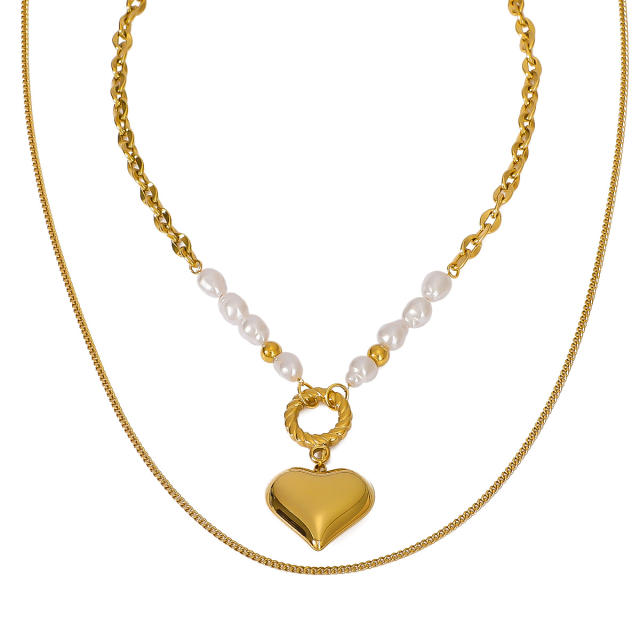 18KG heart pendant two layer pearl bead stainless steel necklace