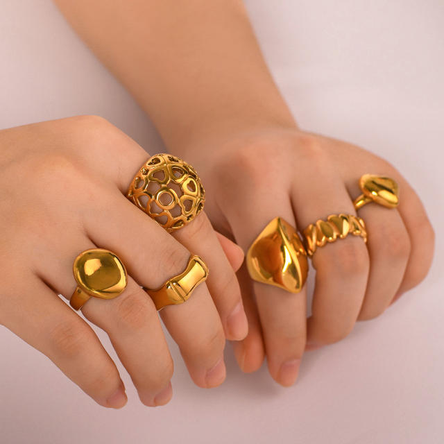 Personality chunky gold color geometric stainless steel rings collection