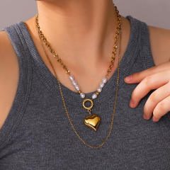 18KG heart pendant two layer pearl bead stainless steel necklace