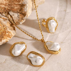 18KG baroque pearl stainless steel necklace earrings rings set