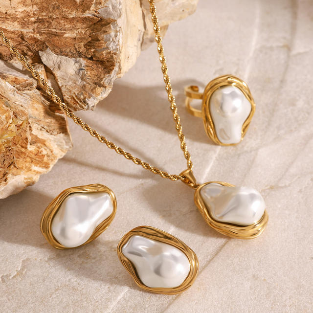 18KG baroque pearl stainless steel necklace earrings rings set