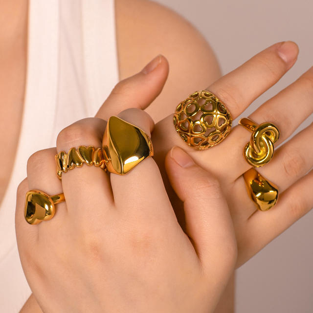 Personality chunky gold color geometric stainless steel rings collection