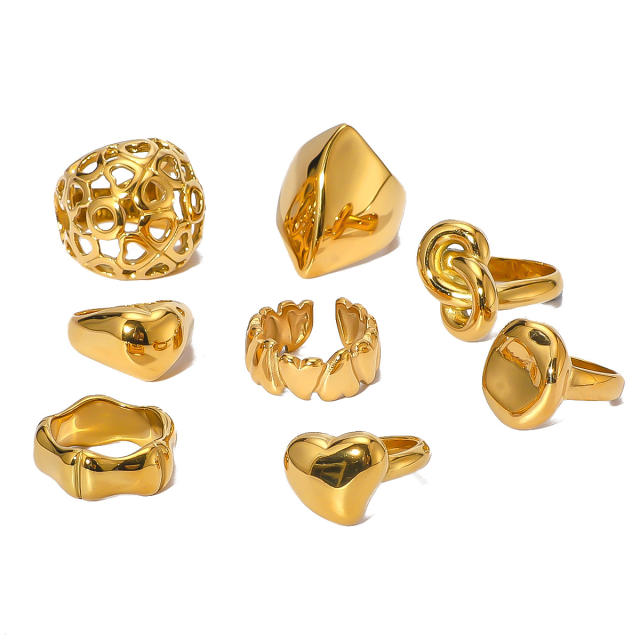 Personality chunky gold color geometric stainless steel rings collection