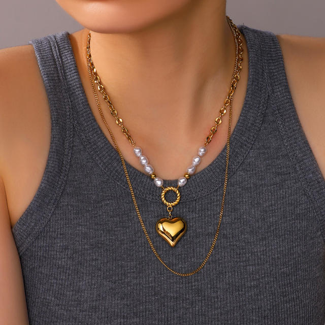 18KG heart pendant two layer pearl bead stainless steel necklace