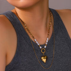 18KG heart pendant two layer pearl bead stainless steel necklace