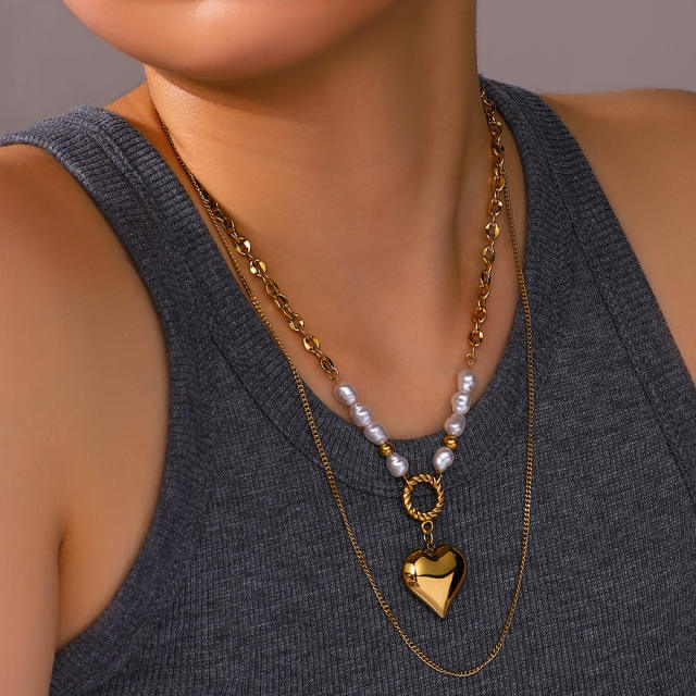 18KG heart pendant two layer pearl bead stainless steel necklace