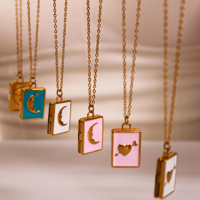 Sweet color enamel moon star love book pendant stainless steel necklace locket necklace