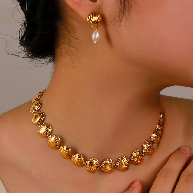 18KG ocean sereis shell design stainless steel choker necklace earrings set