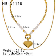 18KG heart pendant two layer pearl bead stainless steel necklace