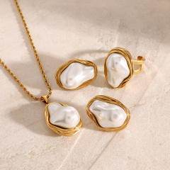 18KG baroque pearl stainless steel necklace earrings rings set