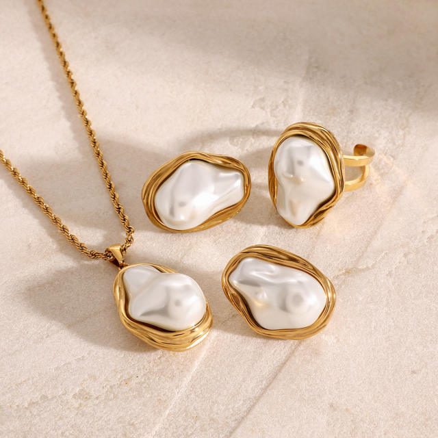 18KG baroque pearl stainless steel necklace earrings rings set