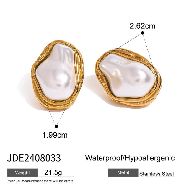 18KG baroque pearl stainless steel necklace earrings rings set