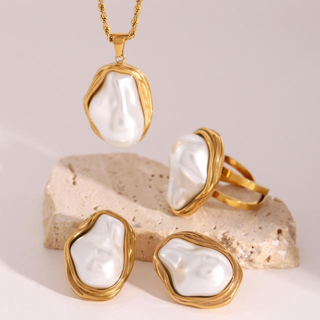 18KG baroque pearl stainless steel necklace earrings rings set