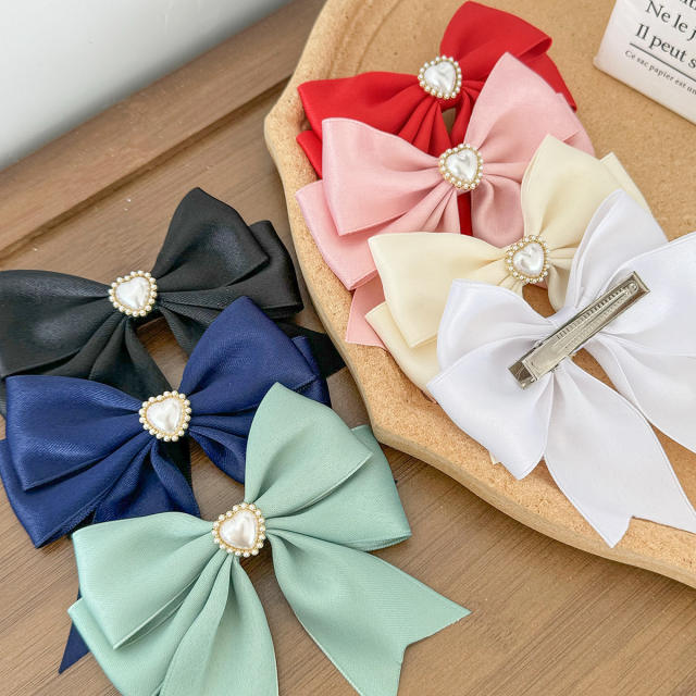 Sweet bow pearl bead easy match french barrette hair clips