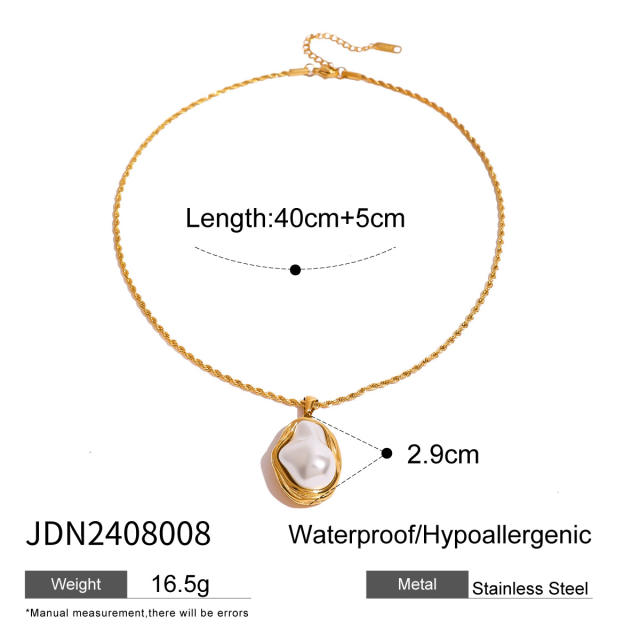 18KG baroque pearl stainless steel necklace earrings rings set