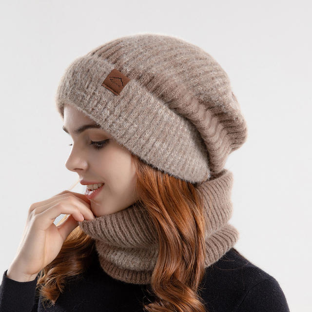 Warm winter knitted beanie cap scarf set for women