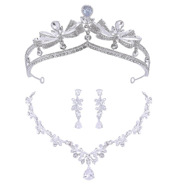 Delicate silver color diamond wedding crown necklace set