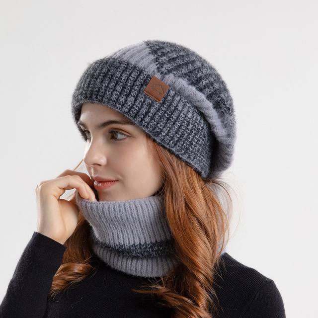 Warm winter knitted beanie cap scarf set for women