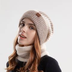 Warm winter knitted beanie cap scarf set for women