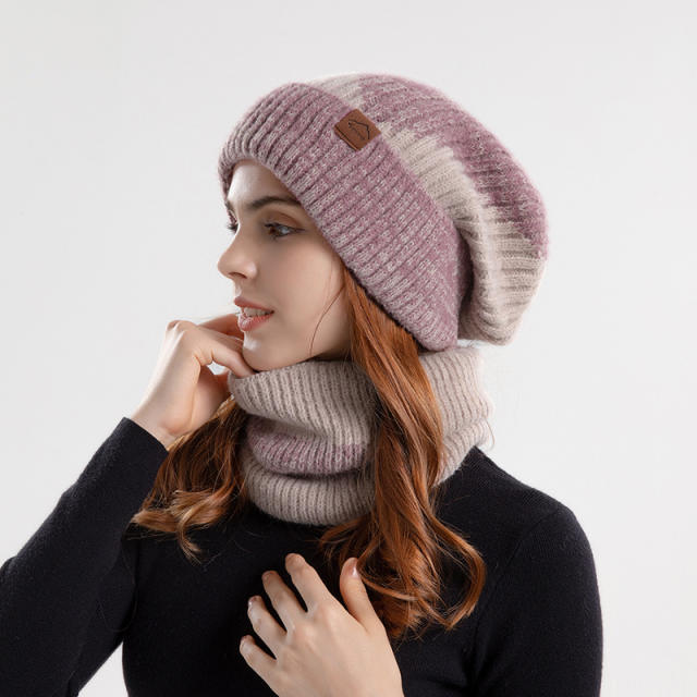 Warm winter knitted beanie cap scarf set for women