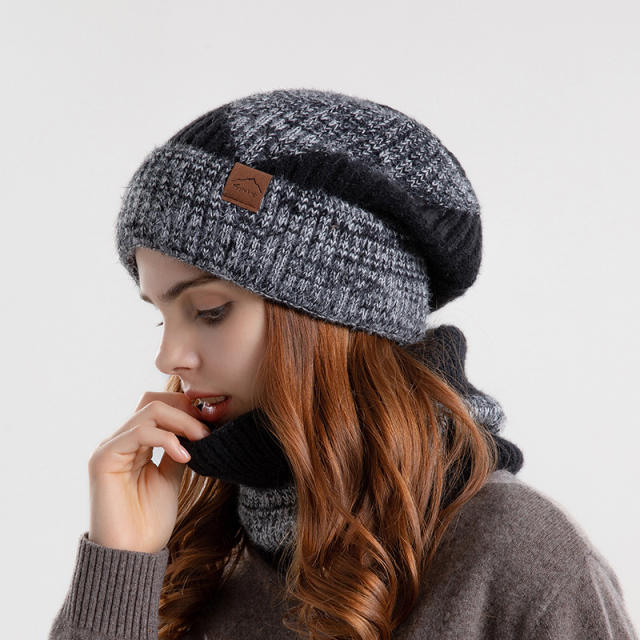 Warm winter knitted beanie cap scarf set for women
