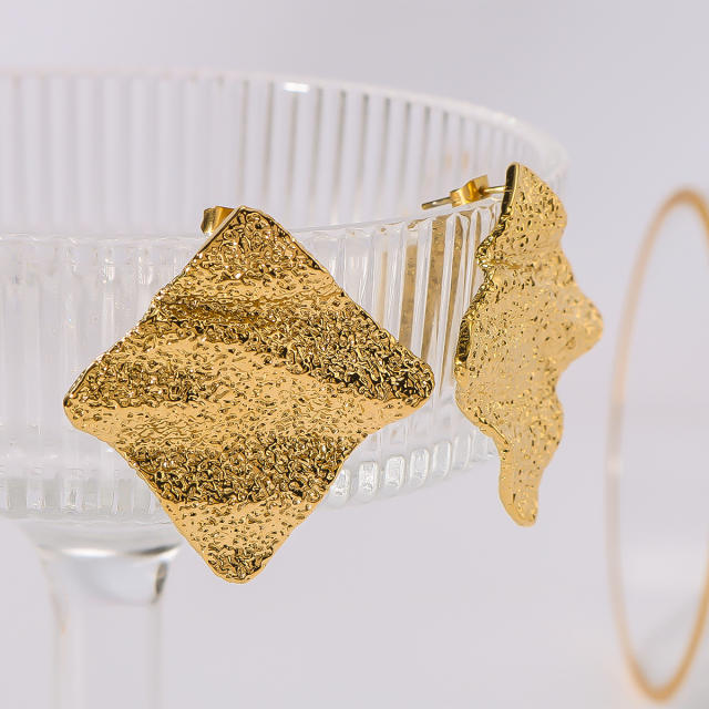 18KG geometric square wave shape frosted stainless steel earrings