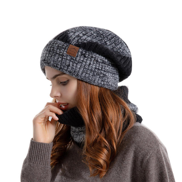 Warm winter knitted beanie cap scarf set for women