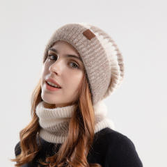 Warm winter knitted beanie cap scarf set for women