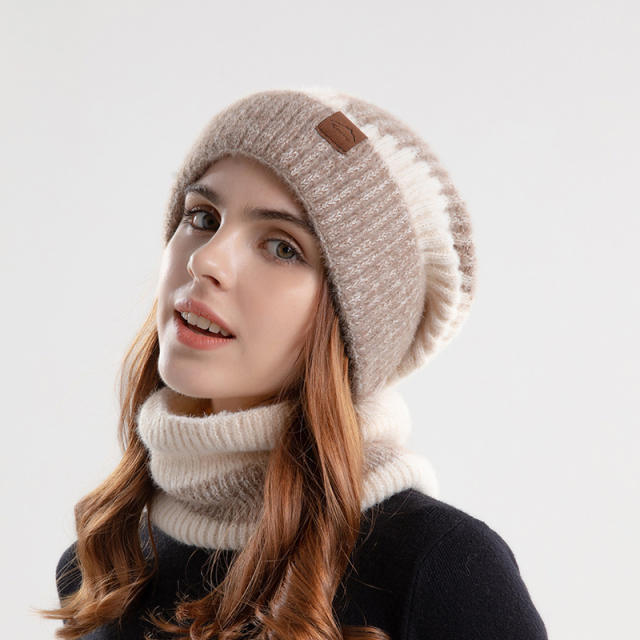 Warm winter knitted beanie cap scarf set for women